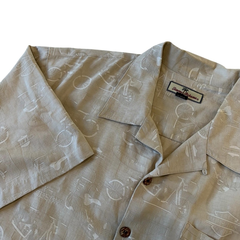 Tommy Bahama Mens Beige Harley Davidson 100% Silk Button Down Shirt XL